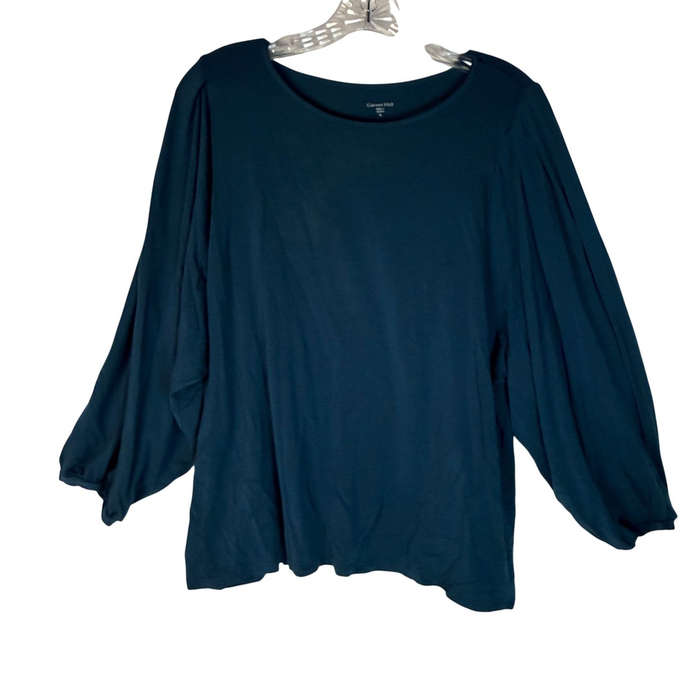 Garnet Hill Blue Puff Sleeve Knit Top Women's Size XL Stretch Boat Neck